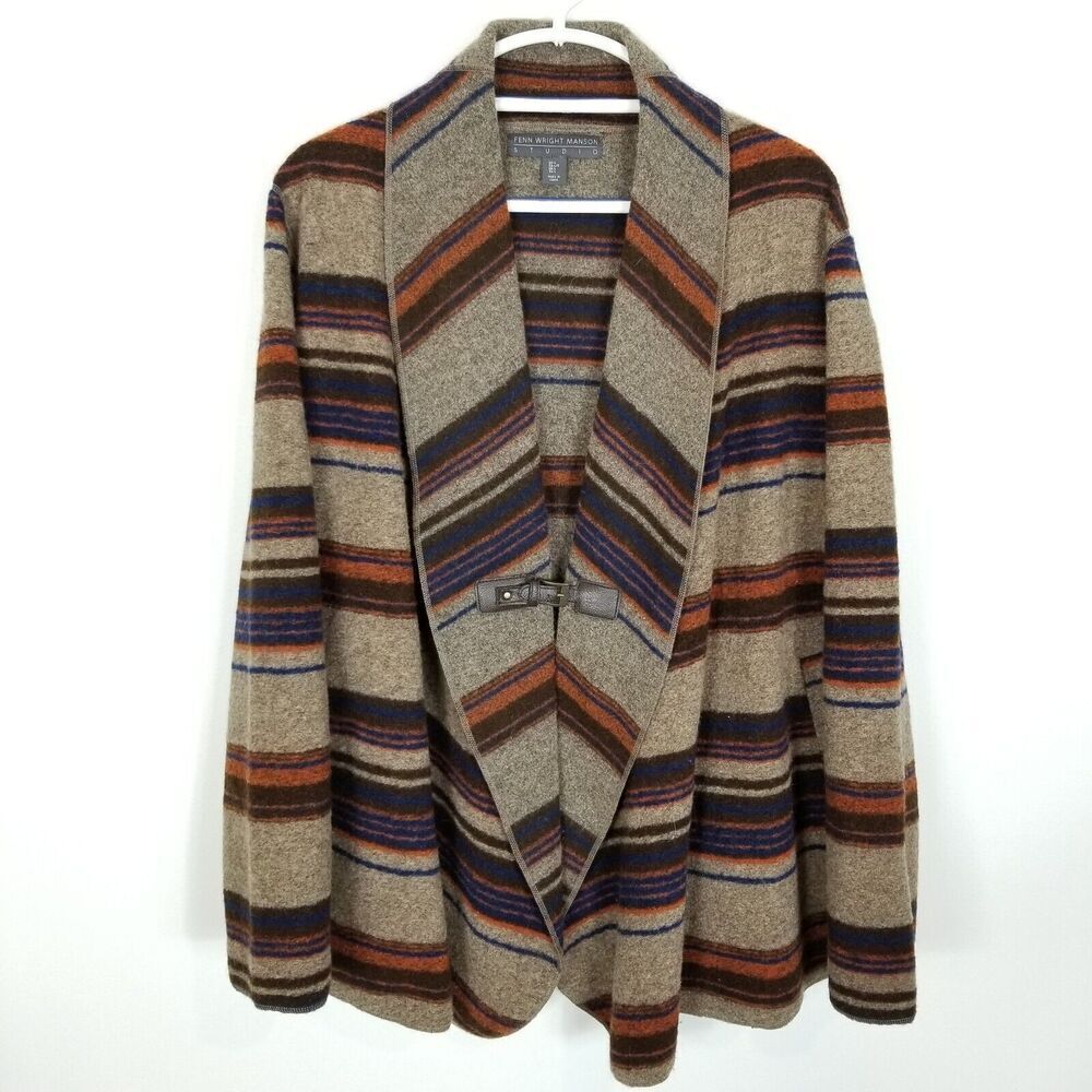 Fenn Wright Manson Studio Women  Striped Wool Jacket‎ Size L Pockets Brown
